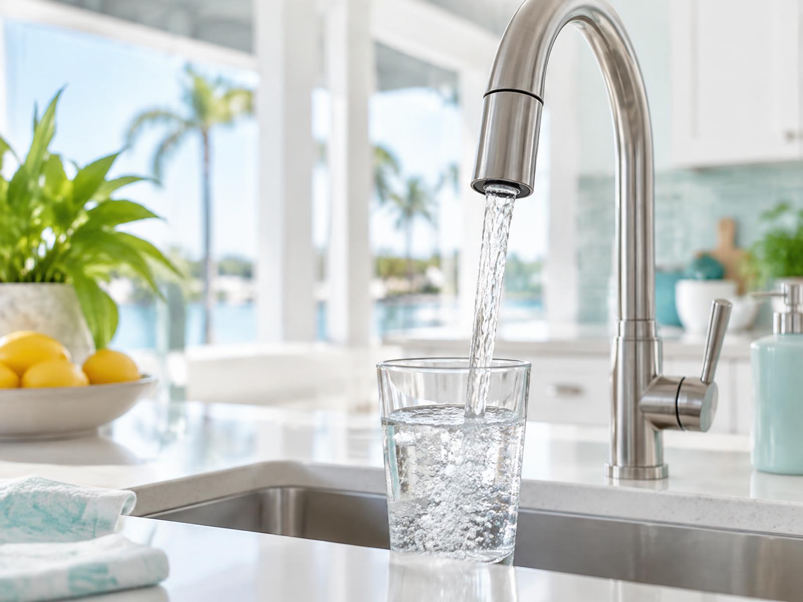 Clear water filling a glass from a kitchen faucet in a bright Florida home